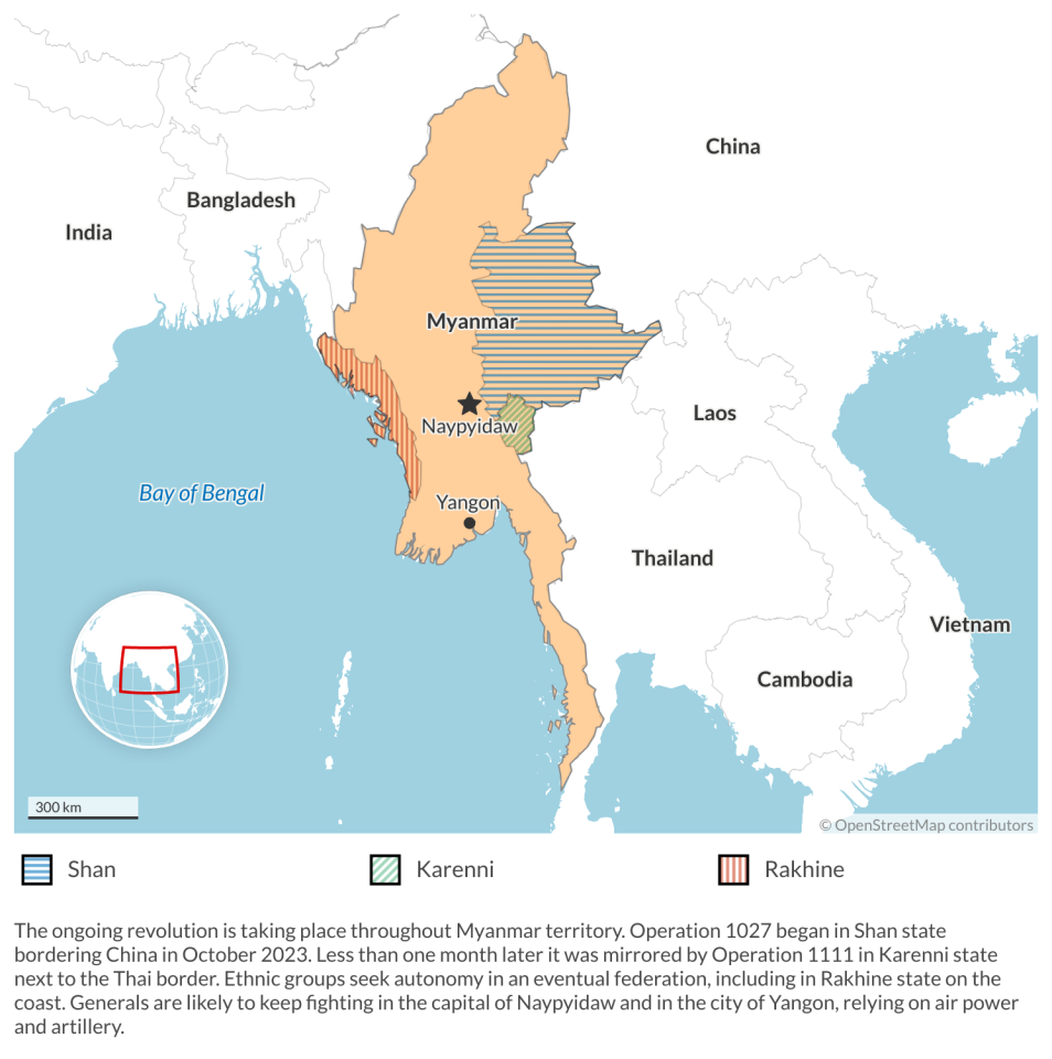 Map of hotspots in Myanmar's revolution.