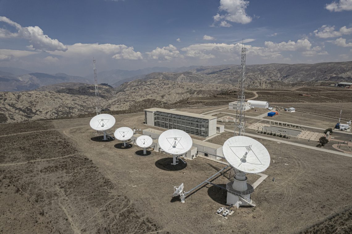 Chinese-made satellite dishes at the Bolivian Space Agency’s Amachuma Ground Station in Achocalla, La Paz Department, Bolivia