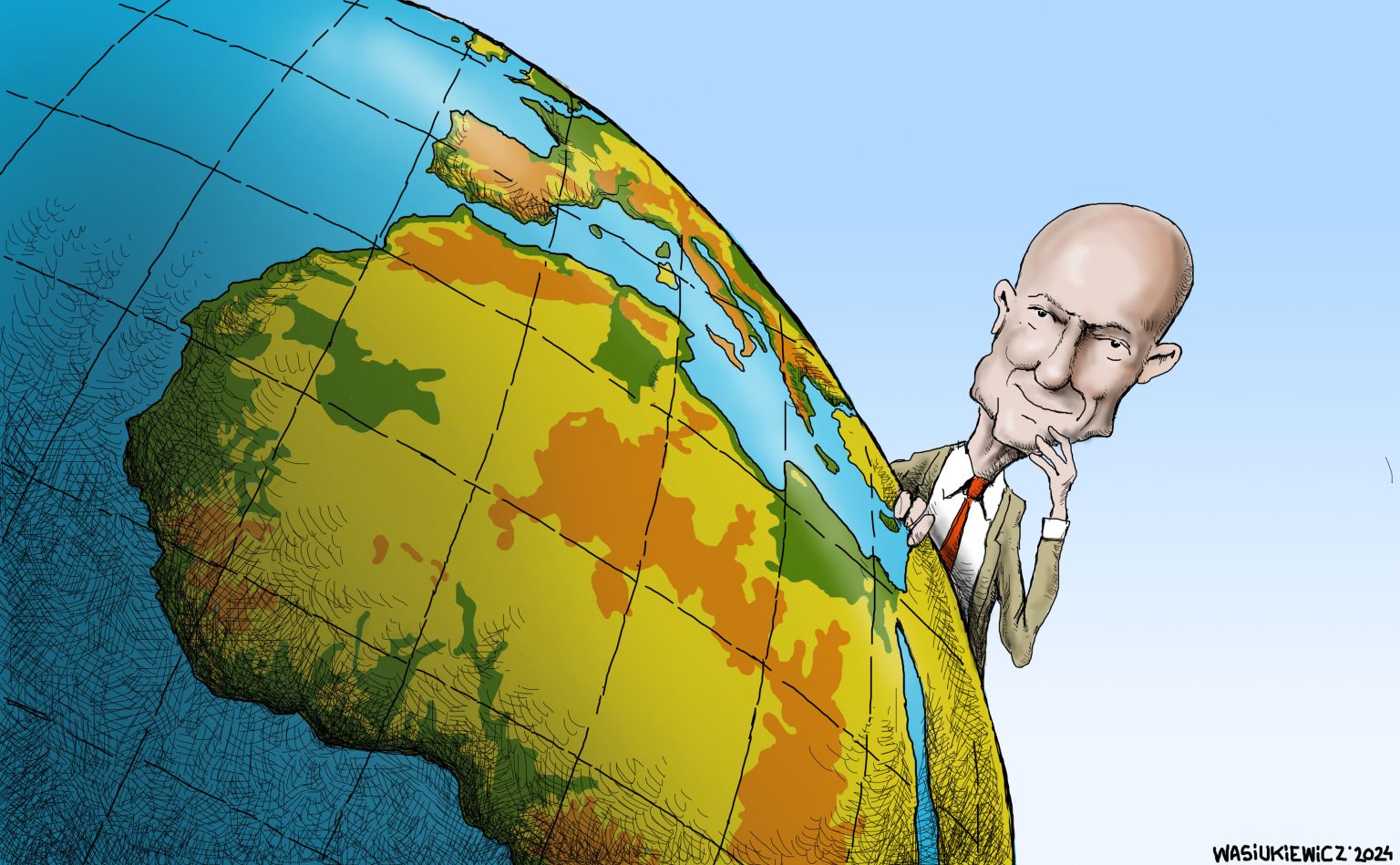 A cartoon of Prince Michael of Liechtenstein standing behind a large globe.