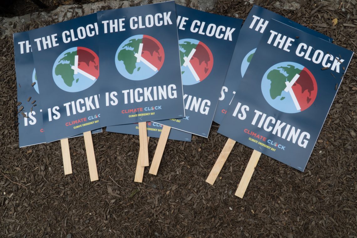 Protest signs for the Climate Emergency Day gathering in New York.